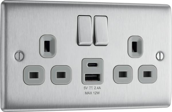 BG NBS22UAC12G Nexus Metal 13A Double Switched Power Socket + USB A+C (12W) - Brushed Steel + Grey Insert