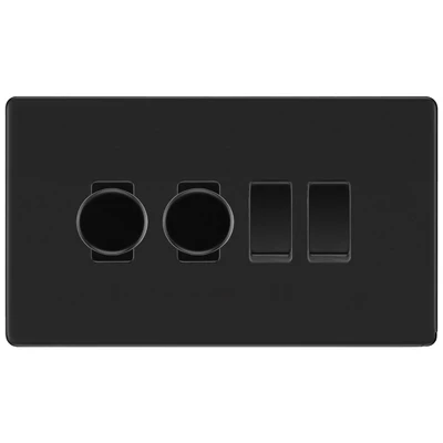 BG Screwless Matt Black 4 Gang Light Switch Grid – 2x Trailing-Edge LED Dimmer, 1x Intermediate, 1x 2-Way Switch by British General (BG-SCRL-FB-4G-2x-Dimmer-1x-INT-1x-2Way)
