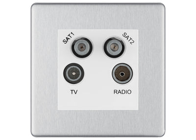 BG Screwless Brushed Steel TV/FM/2x SAT Quadplex Socket – White Insert by British General (BG-FBSTVFMSAT2W)
