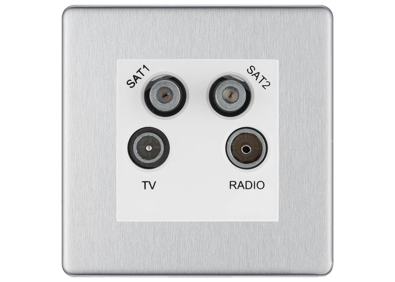 BG Screwless Brushed Steel TV/FM/2x SAT Quadplex Socket – White Insert