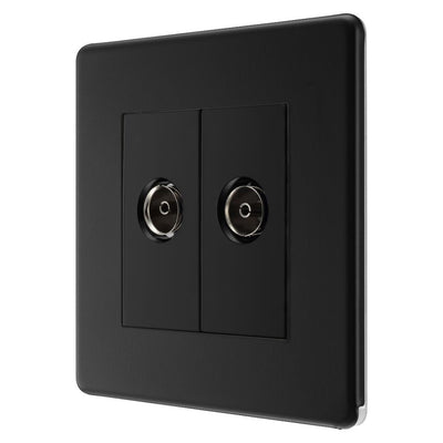 BG Screwless Matt Black 2 Gang Coaxial TV Socket FFB61 with 25mm Steel Back Box