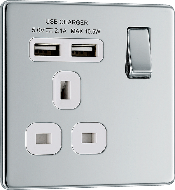 FPC21U2W Front - This completely screwless and slimline flat plate 13A single power socket from British General comes with two USB charging ports allowing you to plug in an electrical device and charge mobile devices simultaneously without having to sacrifice a power socket.