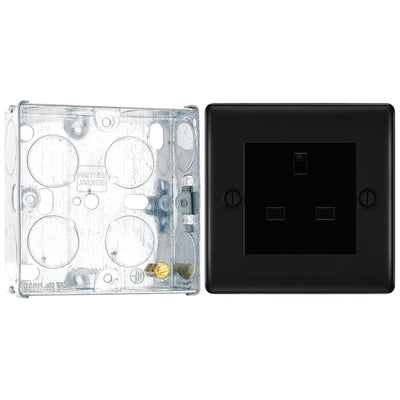 BG Nexus Matt Black 13A Single Unswitched Socket NFB23B with 25mm Steel Back Box by British General (BG-NFB23B+HGS02)