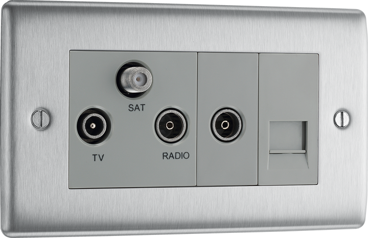 NBS68 Front - This screened Triplex socket from British General has an outlet for TV FM and satellite, plus a return and shuttered telephone socket.