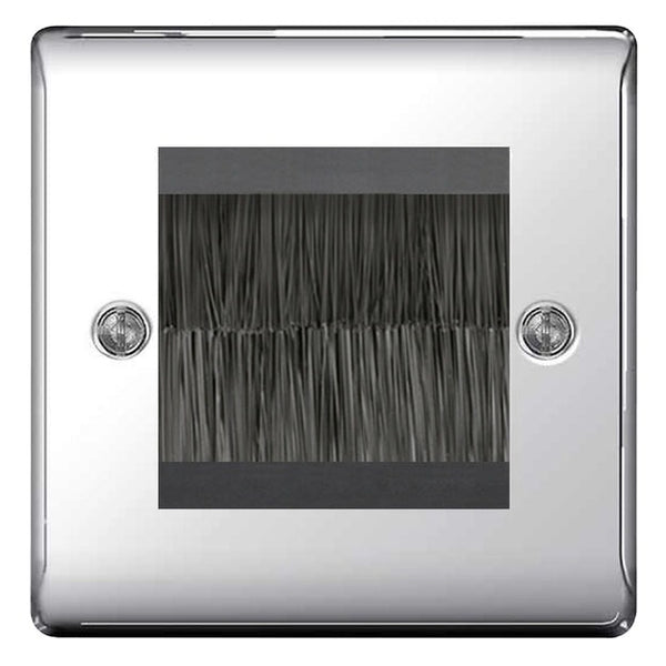 BG Polished Chrome Single 2 Gang Brush Cable Entry Wall Plate Black