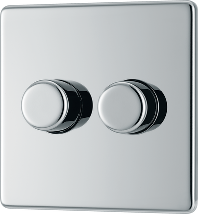 BG Electrical FPC82 Nexus Flatplate Screwless Polished Chrome 2 Gang 200W 2 Way Trailing-Edge Push Dimmer Switch