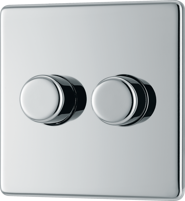 FPC82 Front - This trailing edge double dimmer switch from British General allows you to control your light levels and set the mood. The intelligent electronic circuit monitors the connected load and provides a soft-start with protection against thermal.