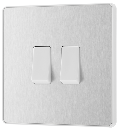 BG PCDBS42W Brushed Steel Evolve 2 Gang 20A 16AX 2 Way Light Switch - White Insert