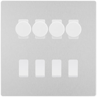 BG Evolve Brushed Steel 8 Gang Switch 4x Trailing Edge LED Dimmer 4x 2Way Custom Switch by British General (BG-Evolve-BS-8G-CUSTOM-4x-Dimmer-4x-2WAY)