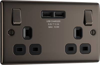 BG NBN22U3B Nexus Metal Black Nickel 2 Gang 13A 2x USB-A 3.1A Switched Socket