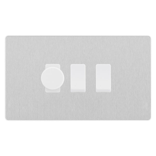 BG Evolve Brushed Steel 3 Gang Light Switch 1x Trailing Edge LED Dimmer 2x 2 Way Custom Switch