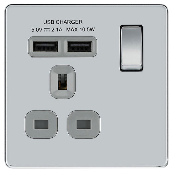 BG FPC21U2G Nexus Screwless Flat-Plate Single Switched Plug Socket Polished Chrome Grey Insert 2 USB 2.1A