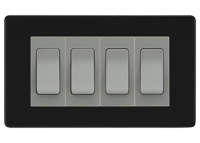 BG Matt Black Screwless 4 Gang Intermediate Light Switch Custom Grid - Grey Insert