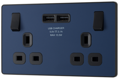 PCDDB22U3B Front - This Evolve Matt Blue 13A double power socket from British General comes with two USB charging ports, allowing you to plug in an electrical device and charge mobile devices simultaneously without having to sacrifice a power socket. 