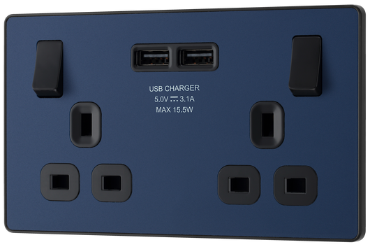 PCDDB22U3B Front - This Evolve Matt Blue 13A double power socket from British General comes with two USB charging ports, allowing you to plug in an electrical device and charge mobile devices simultaneously without having to sacrifice a power socket. 