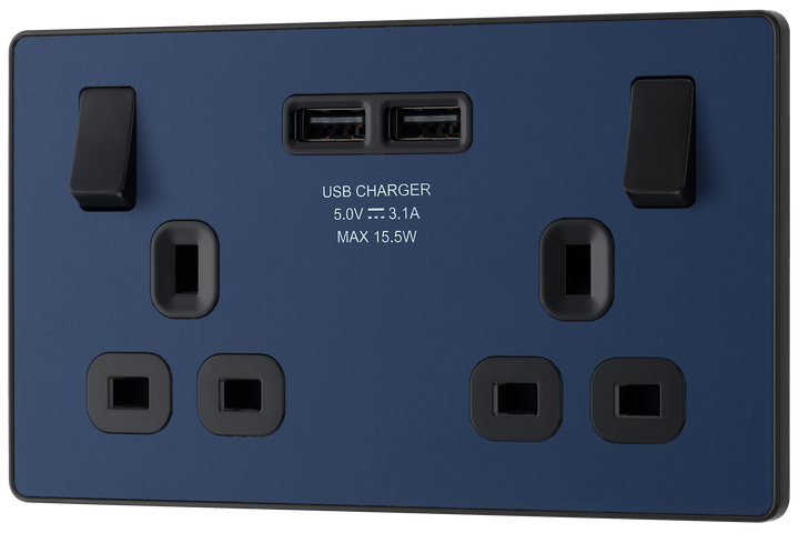 PCDDB22U3B Front - This Evolve Matt Blue 13A double power socket from British General comes with two USB charging ports, allowing you to plug in an electrical device and charge mobile devices simultaneously without having to sacrifice a power socket. 