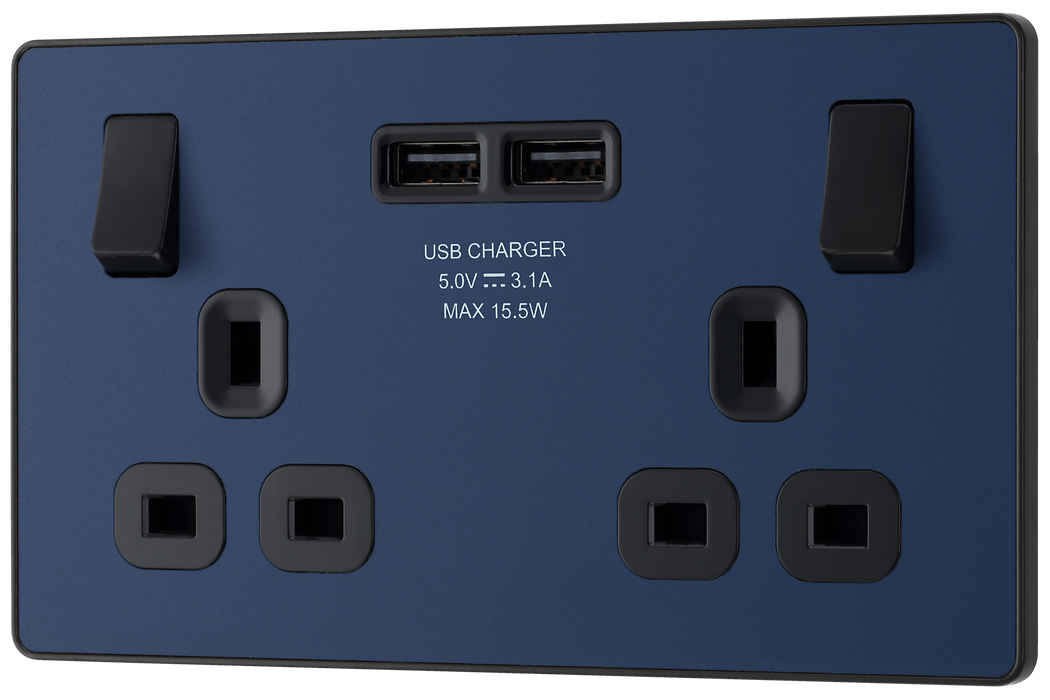 PCDDB22U3B Front - This Evolve Matt Blue 13A double power socket from British General comes with two USB charging ports, allowing you to plug in an electrical device and charge mobile devices simultaneously without having to sacrifice a power socket. 