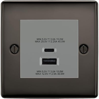 BG Nexus Black Nickel 45W USB Wall Socket Euro Module USB-A & C - Grey Insert by British General (BG-NBNEMS2+EMUSBAC45G)