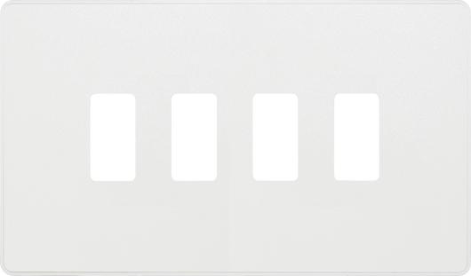 RPCDCL4W Front - The Grid modular range from British General allows you to build your own module configuration with a variety of combinations and finishes. This pearlescent white finish Evolve front plate clips on for a seamless finish, and can accommodate 4 Grid modules - ideal for switches and other domestic applications.