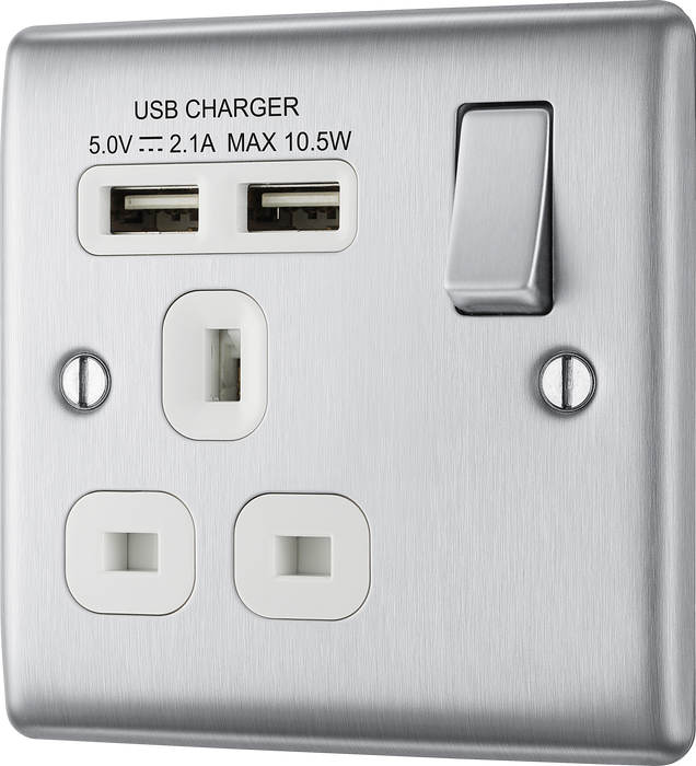 NBS21U2W Front - This 13A single power socket from British General comes with two USB charging ports allowing you to plug in an electrical device and charge mobile devices simultaneously without having to sacrifice a power socket.