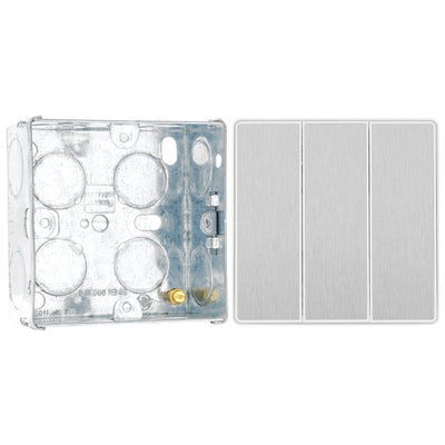 BG Evolve Brushed Steel 2 Way Triple Edge to Edge Rocker Switch PCDBS43EW with 35mm Steel Back Box
