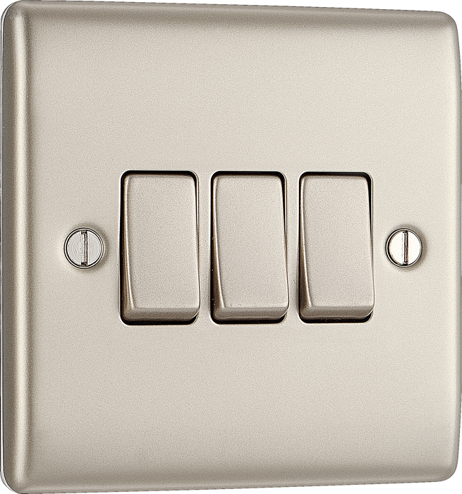 NPR43 Front - This pearl nickel finish 20A 16AX triple light switch from British General can operate 3 different lights whilst the 2 way switching allows a second switch to be added to the circuit to operate the same light from another location (e.g. at the top and bottom of the stairs).