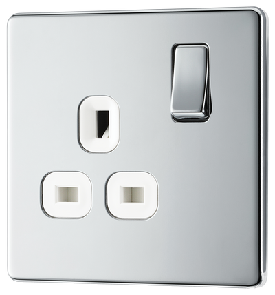 BG FPC21W Nexus Screwless Flat-Plate Single Switched Plug Socket Polished Chrome White Insert 13A