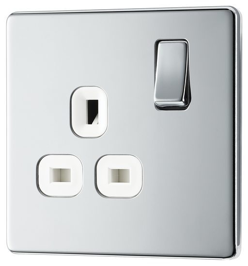  FPC21W Front - This Screwless Flat plate polished chrome finish 13A single switched socket from British General has a sleek flat profile that clips on and off for a screwless premium finish with no visible plastic around the switch.