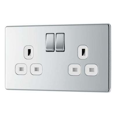 BG Screwless Polished Chrome 13A Double Switched Socket FPC22W with 25mm Steel Back Box