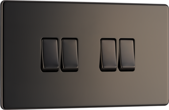 FBN44 Front - This Screwless Flat plate black nickel finish 20A 16AX quadruple light switch from British General can operate 4 different lights whilst the 2 way switching allows a second switch to be added to the circuit to operate the same light from another location (e.g. at the top and bottom of the stairs).