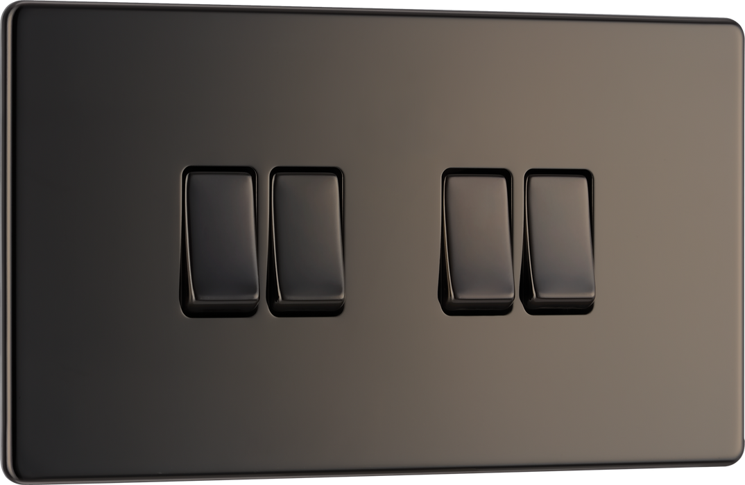 FBN44 Front - This Screwless Flat plate black nickel finish 20A 16AX quadruple light switch from British General can operate 4 different lights whilst the 2 way switching allows a second switch to be added to the circuit to operate the same light from another location (e.g. at the top and bottom of the stairs).