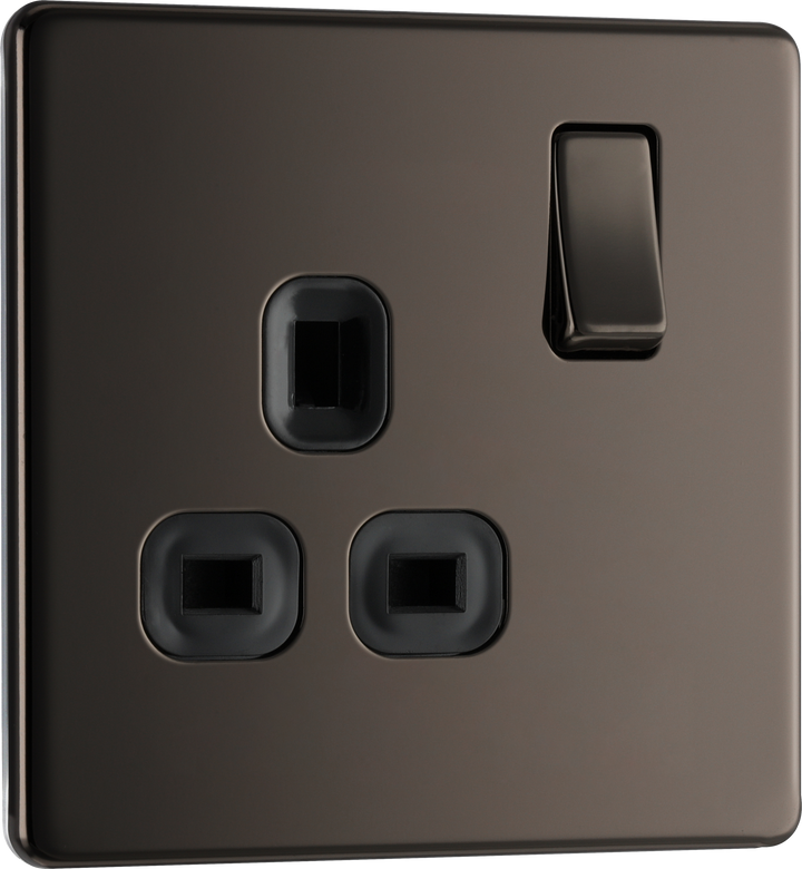 FBN21B Front - This Screwless Flat plate black nickel finish 13A single switched socket from British General has a sleek flat profile that clips on and off for a screwless premium finish with no visible plastic around the switch.