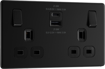 BG Screwless FFB22UAC22B Matt Black Double Socket with USB 22W Type A & C USB