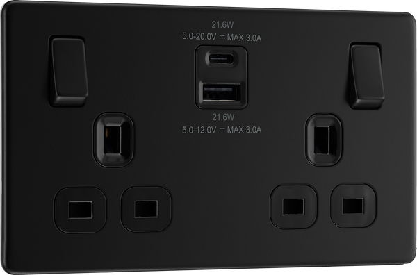 BG Screwless FFB22UAC22B Matt Black Double Socket with USB 22W Type A & C USB