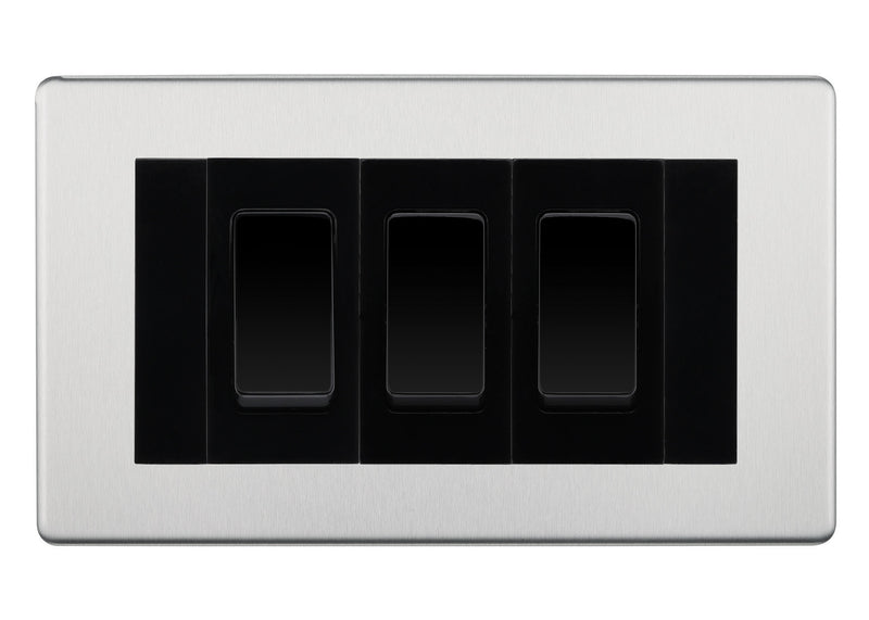 BG Brushed Steel Screwless 3 Gang 20AX 2-Way Switch Custom Grid - Black Insert