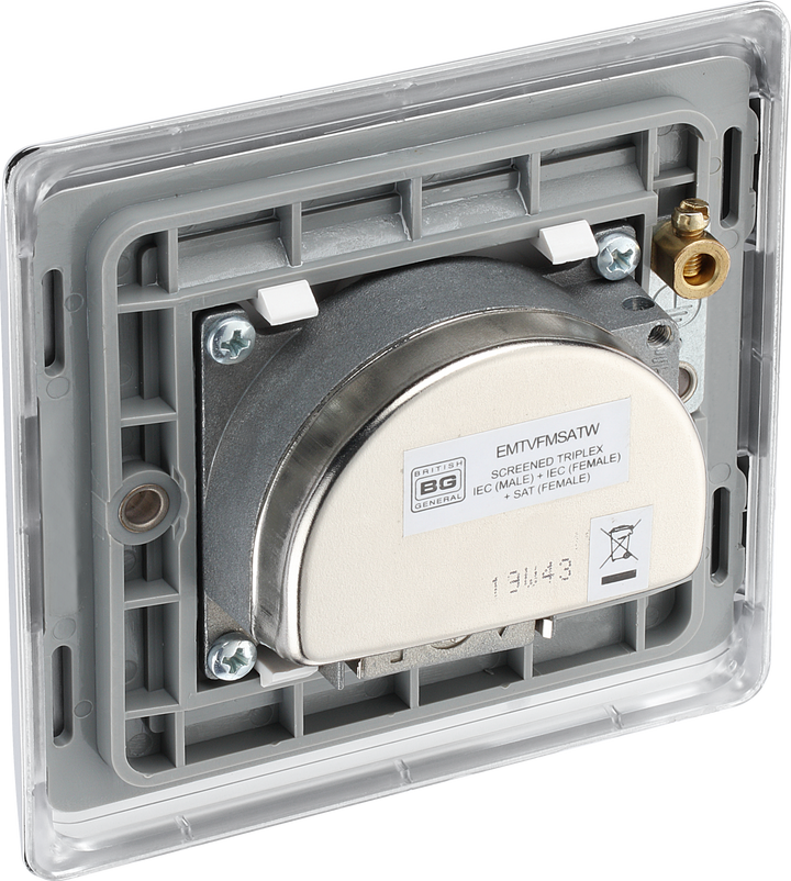 NPC67W Back  - This screened Tripl  ex socket from British General has an outlet for TV FM and satellite, with each outlet clearly labelled for ease of identification.