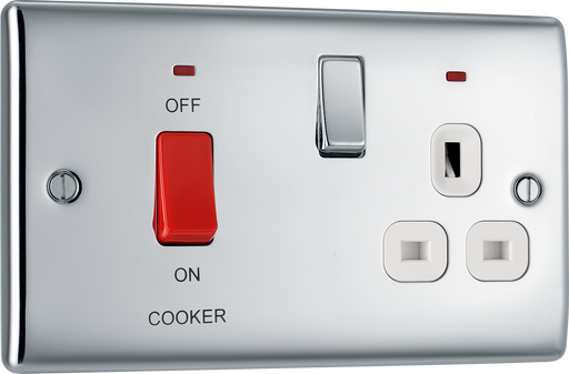 NPC70W Front - This 45A cooker control unit from British General includes a 13A socket for an additional appliance outlet, and has flush LED indicators above the socket and switch.