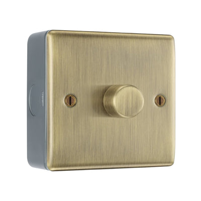 BG Nexus Antique Brass 200W 2 Way Trailing Edge Single Dimmer Switch with Surface Pattress Back Box by British General (BG-NAB81+MC501)