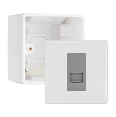 BG White Moulded Single RJ11 Telephone Socket Euro Module with 50mm Back Box - Grey Insert by British General (BG-EMRJ11G-1G-50)