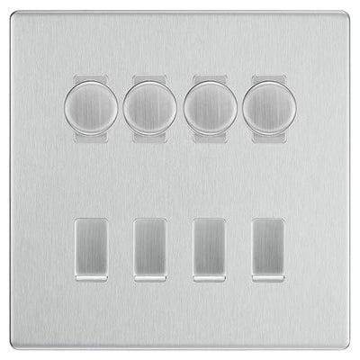 BG Screwless Brushed Steel 8 Gang Switch 4x Trailing Edge LED Dimmer, 2x Intermediate, 2x 2-Way Switch by British General (BG-SCRL-BS-8G-4x-Dimmer-2x-INT-2x-2Way)