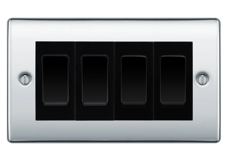 BG Nexus Polished Chrome 4 Gang 20AX 2-Way Switch Custom Grid - Black Insert