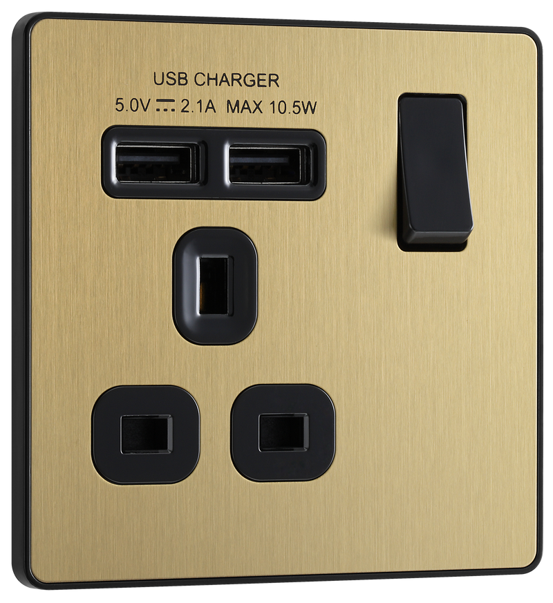BG Evolve PCDSB21U2B Satin Brass 1 Gang 13A 2x-A Socket-Black Insert