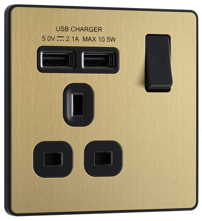BG Evolve PCDSB21U2B Satin Brass 1 Gang 13A 2x-A Socket-Black Insert