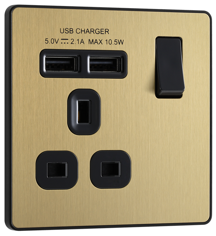 PCDSB21U2B Front - This Evolve Satin Brass 13A single power socket from British General comes with two USB charging ports, allowing you to plug in an electrical device and charge mobile devices simultaneously without having to sacrifice a power socket.