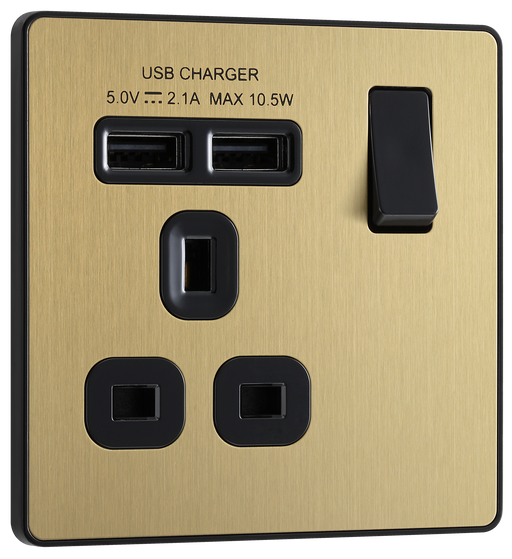 PCDSB21U2B Front - This Evolve Satin Brass 13A single power socket from British General comes with two USB charging ports, allowing you to plug in an electrical device and charge mobile devices simultaneously without having to sacrifice a power socket.