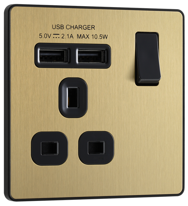 PCDSB21U2B Front - This Evolve Satin Brass 13A single power socket from British General comes with two USB charging ports, allowing you to plug in an electrical device and charge mobile devices simultaneously without having to sacrifice a power socket.