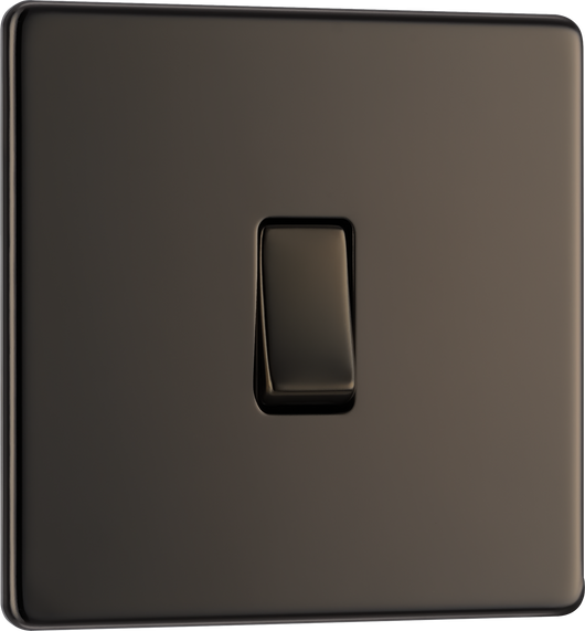 FBN13 Front - This Screwless Flat plate black nickel finish 20A 16AX intermediate light switch from British General should be used as the middle switch when you need to operate one light from 3 different locations such as either end of a hallway and at the top of the stairs.