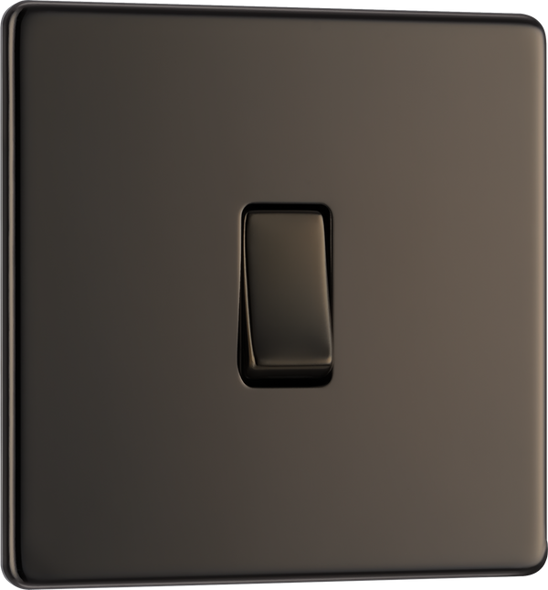 FBN13 Front - This Screwless Flat plate black nickel finish 20A 16AX intermediate light switch from British General should be used as the middle switch when you need to operate one light from 3 different locations such as either end of a hallway and at the top of the stairs.