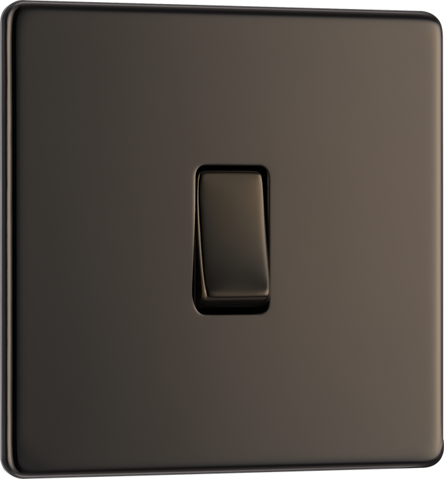 FBN13 Front - This Screwless Flat plate black nickel finish 20A 16AX intermediate light switch from British General should be used as the middle switch when you need to operate one light from 3 different locations such as either end of a hallway and at the top of the stairs.