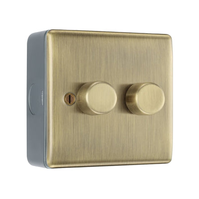 BG Nexus Antique Brass 200W 2 Way Trailing Edge Double Dimmer Switch with Surface Pattress Back Box by British General (BG-NAB82+MC501)